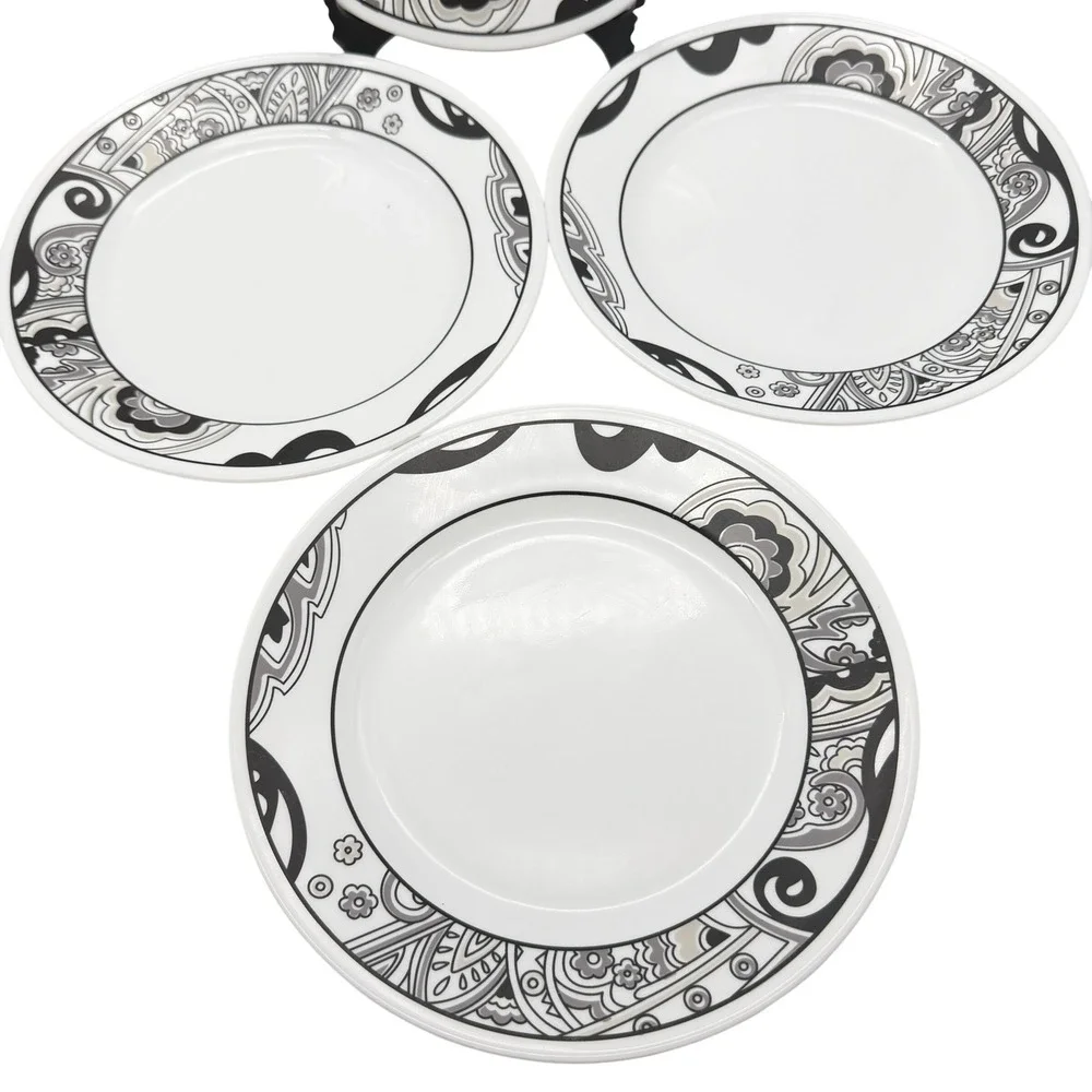 Corelle Nouveau Lunch Plates Set of 4 Black Grey Paisley salad plates
